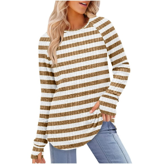Frostluinai Striped Long Sleeve Shirts Women Crew Neck Ribbed Knit Pullover Color Block Raglan Tunic Tops Casual Curved Hem Sweaters Fall Blouses