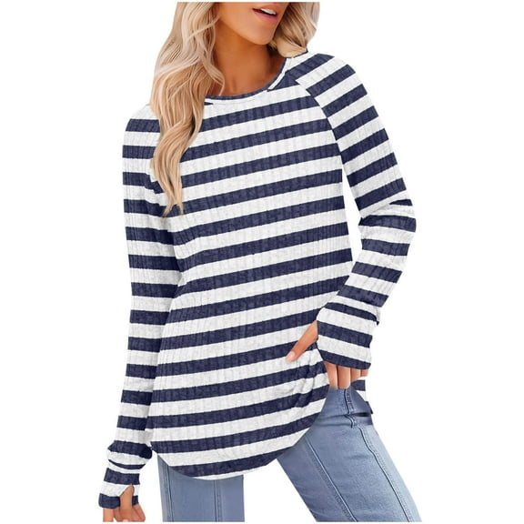 Frostluinai Striped Long Sleeve Shirts Women Crew Neck Ribbed Knit Pullover Color Block Raglan Tunic Tops Casual Curved Hem Sweaters Fall Blouses