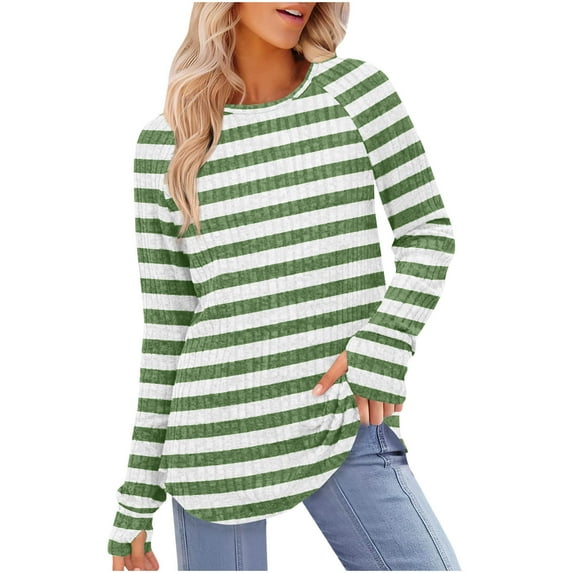 Frostluinai Striped Long Sleeve Shirts Women Crew Neck Ribbed Knit Pullover Color Block Raglan Tunic Tops Casual Curved Hem Sweaters Fall Blouses