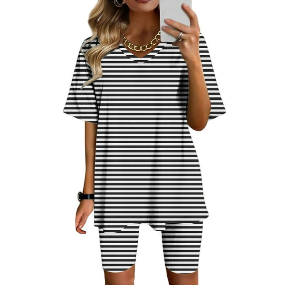Frostluinai Striped Sets for Women 2 Piece V Neck Short Sleeve Tunic Tops Slim Fit Biker Shorts Color Block Loungewear Sets Gifts