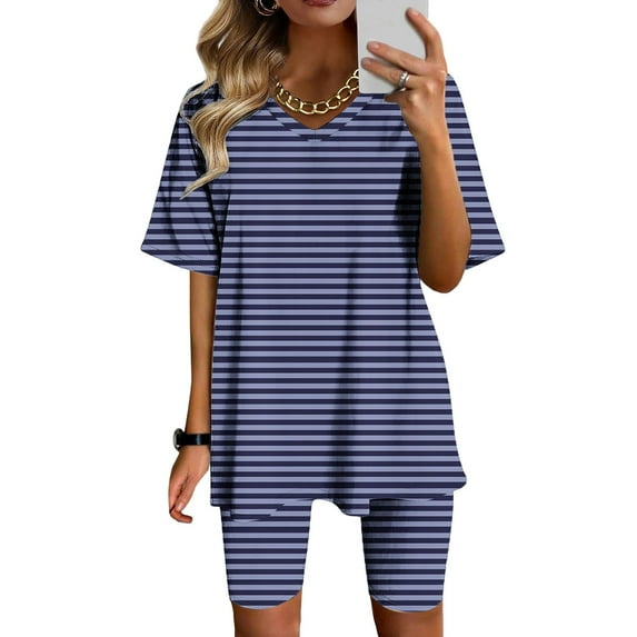 Frostluinai Striped Sets for Women 2 Piece V Neck Short Sleeve Tunic Tops Slim Fit Biker Shorts Color Block Loungewear Sets Clearance Deal