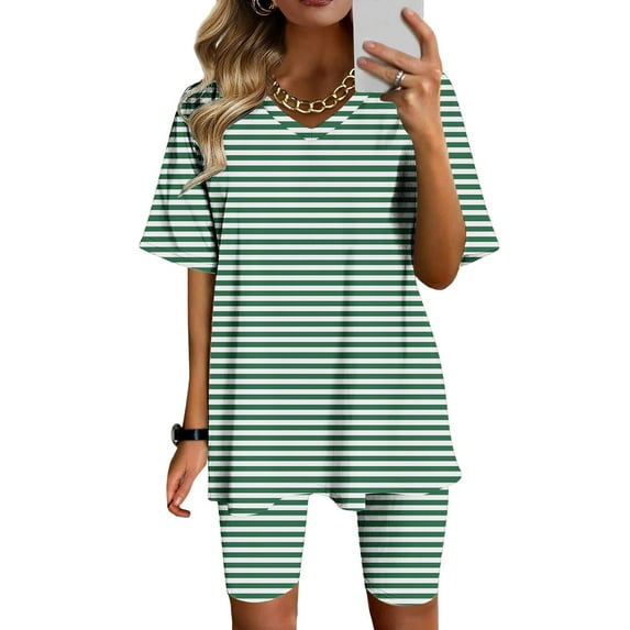 Frostluinai Striped Sets for Women 2 Piece V Neck Short Sleeve Tunic Tops Slim Fit Biker Shorts Color Block Loungewear Sets Gifts