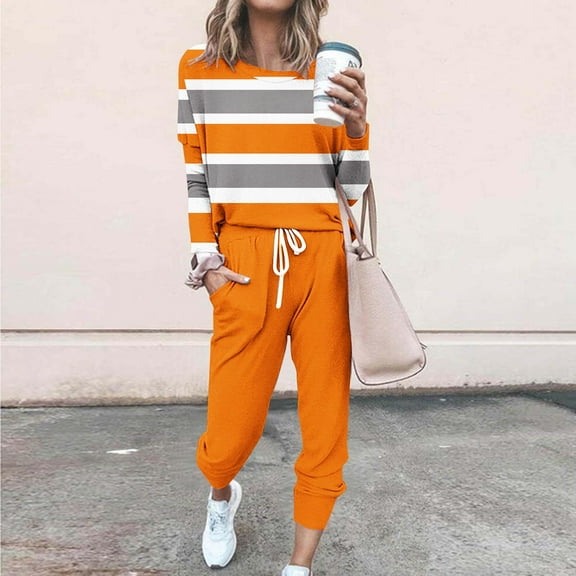 Frostluinai Striped Sweatsuits for Women 2 Piece Color Block Long Sleeve Tops Drawstring Wasit Sweat Pants Plus Size Lounge Sets with Pocket