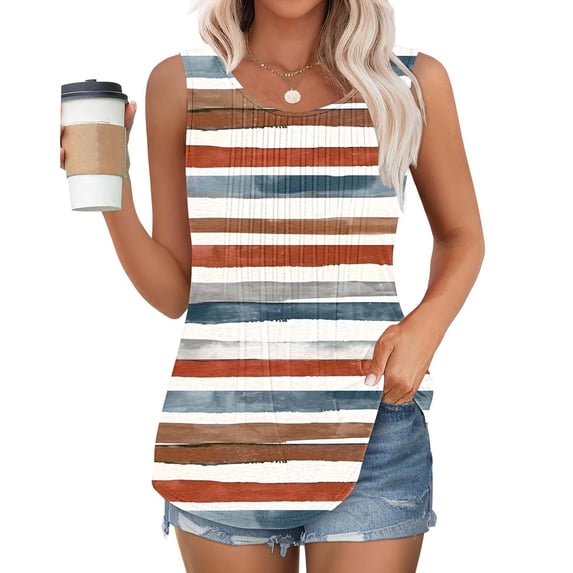Frostluinai Striped Tank Tops for Women Sleeveless Round Neck Tunic Shirts Vintage Color Block Pleated Tanks Plus Size Summer Tank Tops