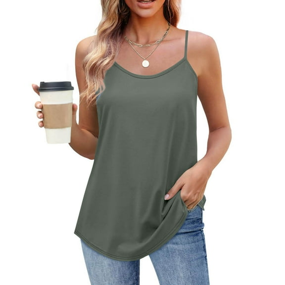 Frostluinai Summer Camisoles for Women Crew Neck Spaghetti Strap Camisoles Loose Fit Tunic Tanks Solid Curved Hem Camis Casual Camisoles