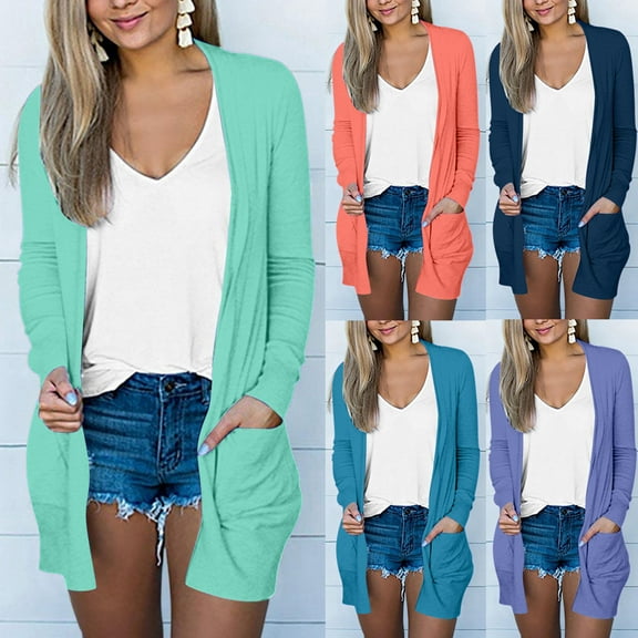 Frostluinai Summer Cardigan for Women Long Sleeve Light Weight Jacket Open Front Lounge Sweater Cardigans Solid Soft Outerwear with Pocket