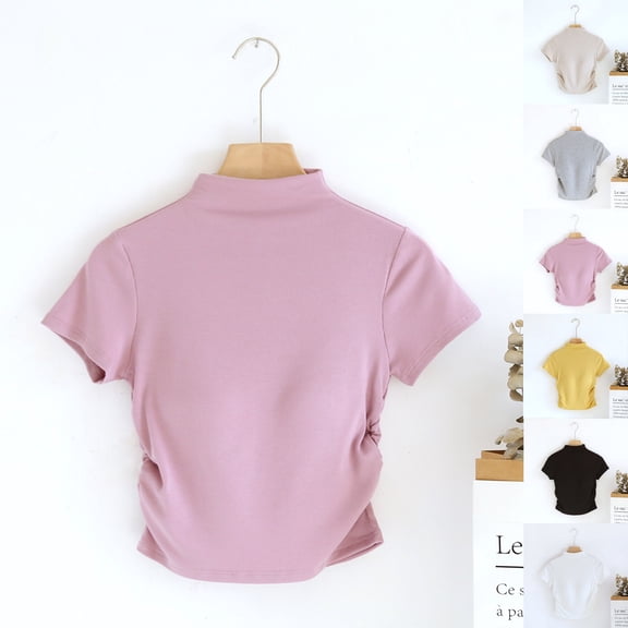 Frostluinai Summer Crop Shirts for Women Mock Neck Short Sleeve Lounge Tops Solid Color Ruched T Shirts Trendy Y2K Blouses Soft Tees Gifts