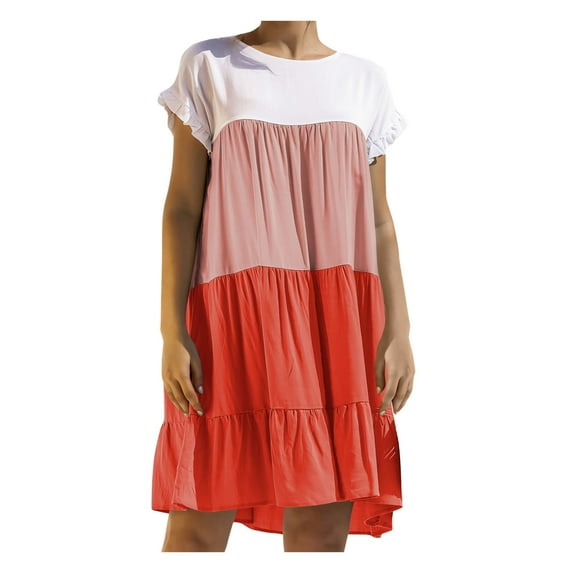 Frostluinai Summer Dresses For Women 2022 Ruffle Hem Flutter Sleeve Dress For Women Beach Hoilday Casual Mini Swing Shirt Dress A Line Swing Flared Skater Cocktail Party Dress