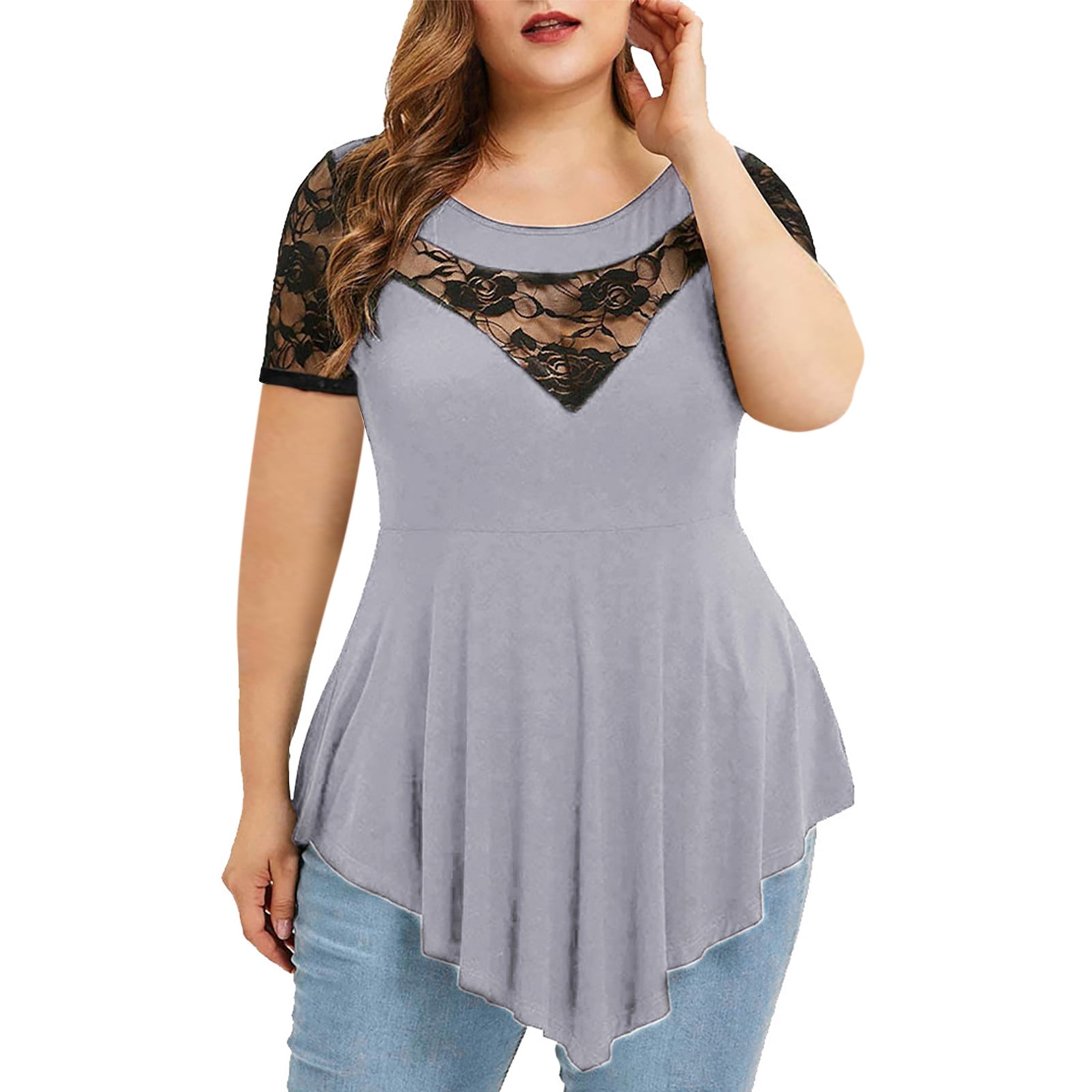Frostluinai Summer Savings Clearance!Summer Tops For Womens Plus Size Tops  And Blouses O-Neck Lace Stitching Short Sleeve Cutout Asymmetric T Shirts  Solid Color Tunics 
