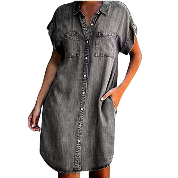 Frostluinai Summer Savings Deals 2024! Summer Dressed for Women's Short Sleeve Blouse Dress Denim Shirt Dresses Button Down Chambray Cotton Tops Dresses with Pockets, on