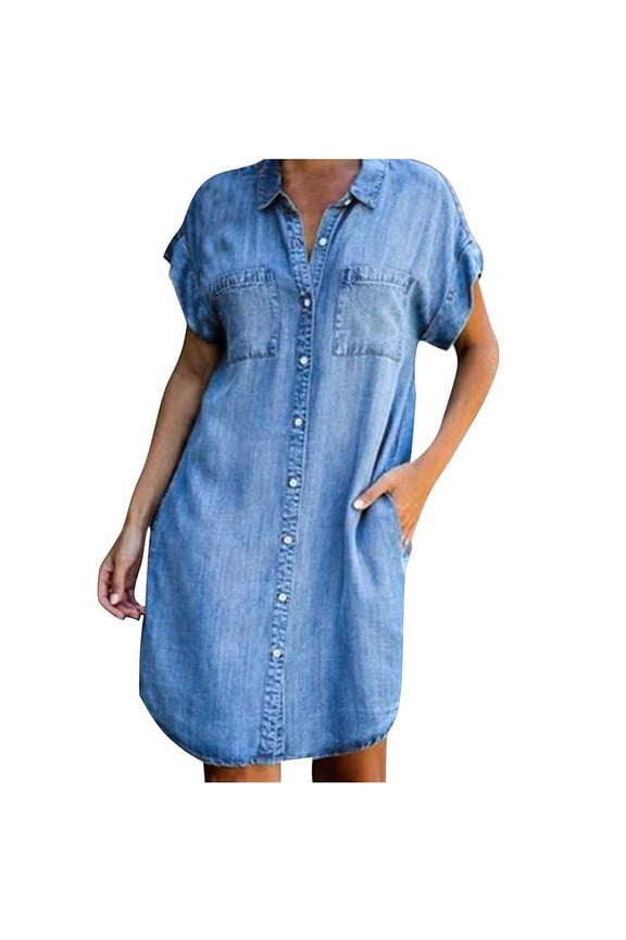 Summer Dressed for Women's Short Sleeve Blouse Dress Denim Shirt Dresses Button Down Chambray Cotton Tops Dresses with Pockets,
