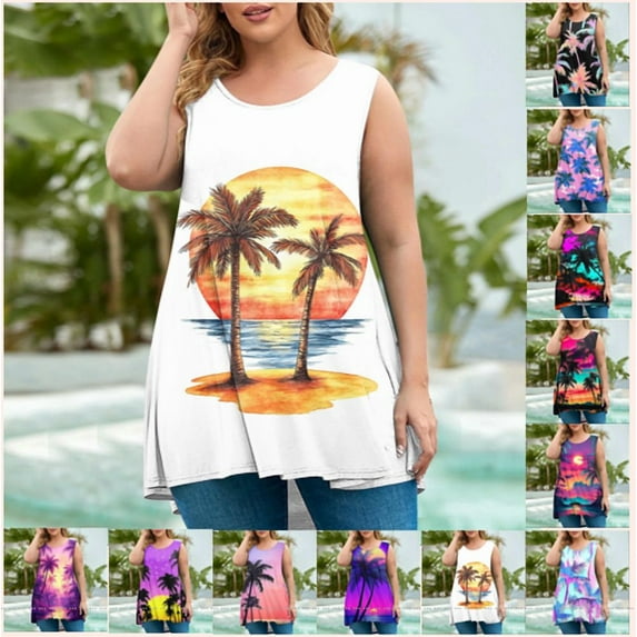Frostluinai Summer Tank Tops for Women Plus Size Sleeveless Crew Neck Loose Fit Tunics Funny Palm Tree Print Beach Tanks Gifts