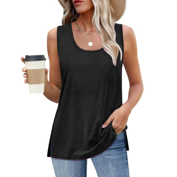 Frostluinai Summer Tank Tops for Women Sleeveless Eyelet Embroidery Tanks Crew Neck Slit Hem Tunic Vests Solid Loose Fit Camisoles 2025