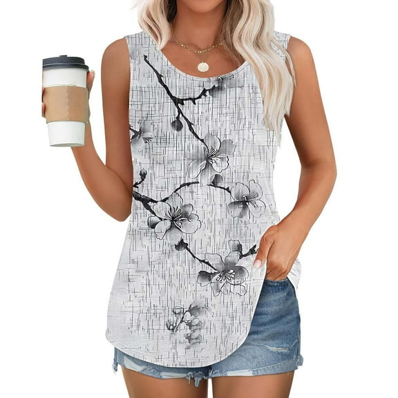 Frostluinai Summer Tank Tops for Women Sleeveless Floral Print Tanks Round Neck Pleated Tunic Shirts Retro Flroal Print Tanks Plus Size Tanks