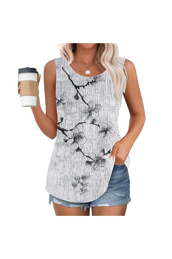 Summer Tank Tops for Women Sleeveless Floral Print Tanks Round Neck Pleated Tunic Shirts Retro Flroal Print Tanks Plus Size Tanks