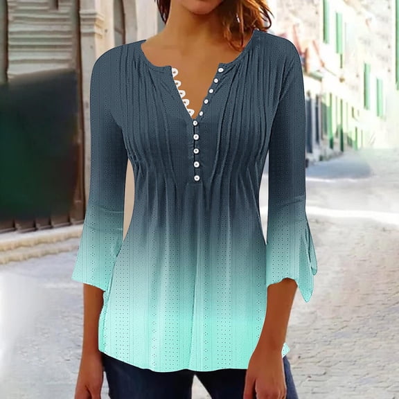 Frostluinai Summer Tops for Women 2024 3/4 Bell Sleeve Button Up Henley Shirts Trendy Gradient Pleated Tunic Shirts Comfy Eyelet Embroidery Blouse