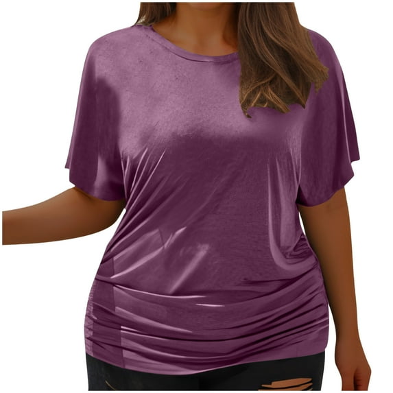Frostluinai Summer Tops for Women Plus Size Short Sleeve Ruched Tshirts Round Neck Loose Blouses Basic Solid Color Tees Ladies Shirts