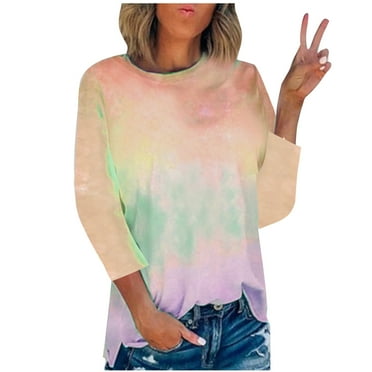 Frostluinai Summer Tops for Women Tie Dye Print Casual 3/4 Length Sleeve Shirts Comfy Crew Neck T Shirts Fashion Side Split Tees