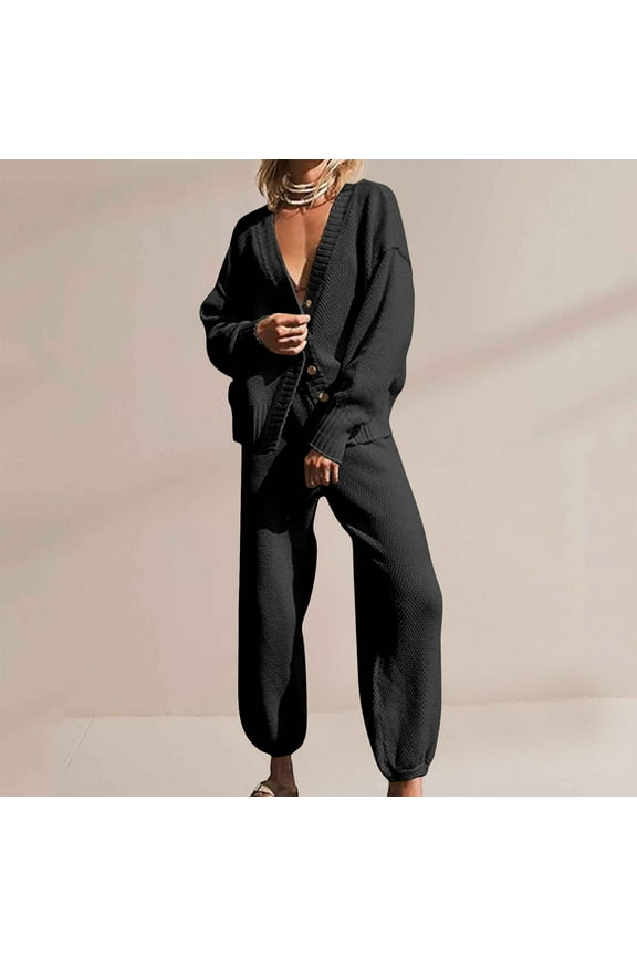 Sweater Lounge Sets for Women Button Down V Neck Cardigan Sweaters Cinch Bottom Straight Leg Pants Solid Cardigan Set 2 Piece