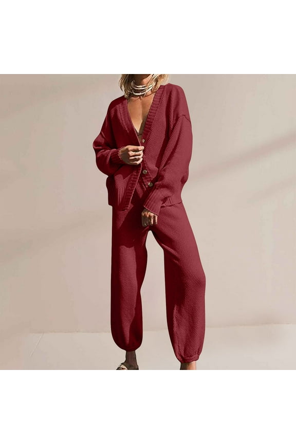 Sweater Lounge Sets for Women Button Down V Neck Cardigan Sweaters Cinch Bottom Straight Leg Pants Solid Cardigan Set 2 Piece