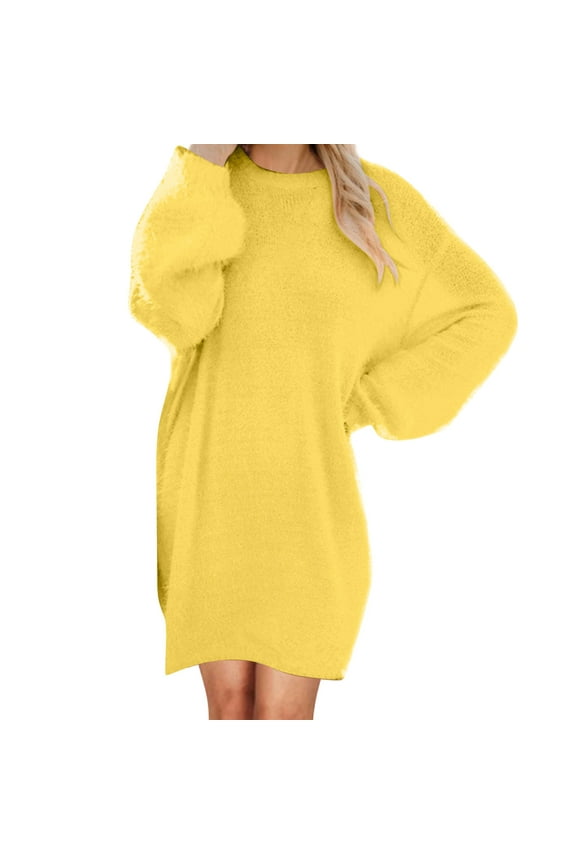 Sweaters Dresses for Women 2024 Long Sleeve Crewneck Furry Knit Pullover Plus Size Fuzzy Mini Dress Fall Solid Fleece Sweater Dress