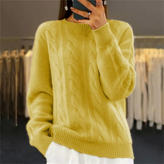 Frostluinai Sweaters for Women Long Sleeve Cable Knit Sweaters Crew Neck Lightweight Fall Sweaters Basic Solid Color Comzy Soft Sweaters