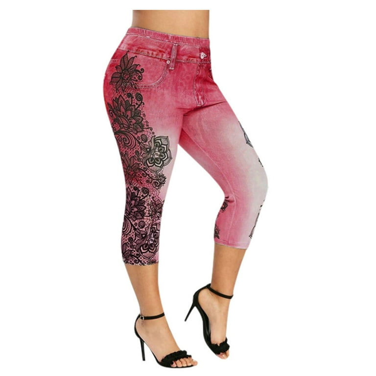 Frostluinai Sweatpants For Women Plus Size Jeans Yoga Pants For Women Lace  Printing Splice Elastic Capri Leggings Gym Cropped Compression Leggings  Booty Lift Denim Jeggings 