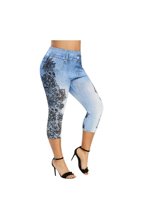 Sweatpants For Women Plus Size Jeans Yoga Pants For Women Lace Printing Splice Elastic Capri Leggings Gym Cropped Compression Leggings Booty Lift Denim Jeggings