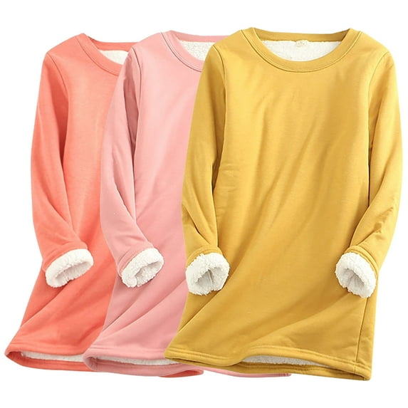 Frostluinai Sweatshirts for Women 3 Pack Long Sleeve Warm Sherpa Lined Pullover Plus Size Fleece Crew Neck Tops Casual Solid Sweat Shirts