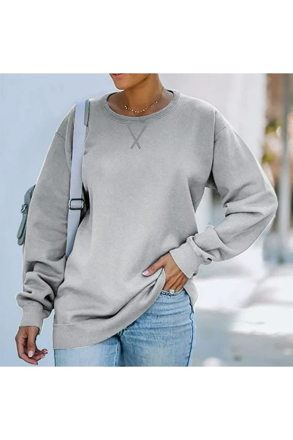 Sweatshirts for Women Crew Neck Pullover Tops Long Sleeve Solid Sweat Shirts Fall Drop Shoulder Sweatshirts for Ladies