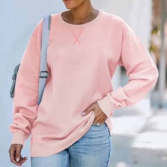 Frostluinai Sweatshirts for Women Crew Neck Pullover Tops Long Sleeve Solid Sweat Shirts Fall Drop Shoulder Sweatshirts for Ladies
