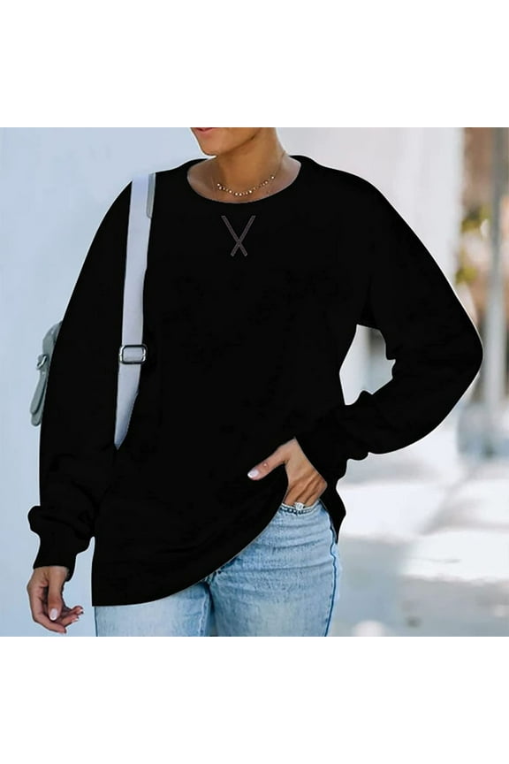 Sweatshirts for Women Crew Neck Pullover Tops Long Sleeve Solid Sweat Shirts Fall Drop Shoulder Sweatshirts for Ladies