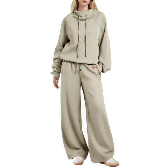 Frostluinai Sweatsuit Set for Women Solid Tracksuits 2 Piece Mock Neck Sweatshirts Baggy Wide Leg Open Bottom Sweatpants Joggers with Pocket
