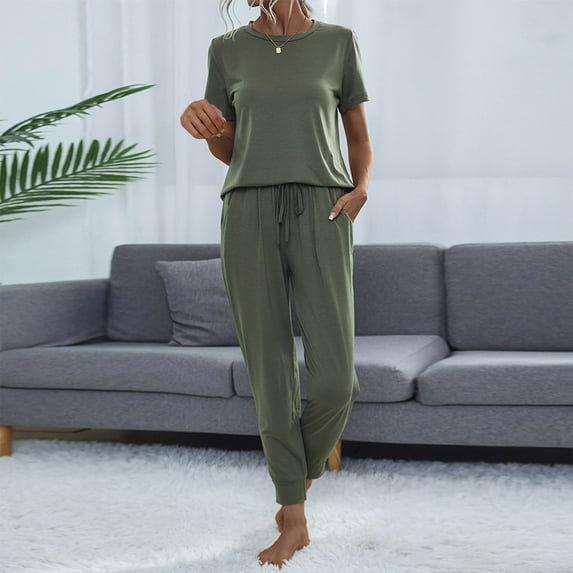 Frostluinai Sweatsuit Set for Women Workout Solid Color Running Sets 2 Piece Short Sleeve Shirts Drawstring Jogger Sweatpants with Pocket