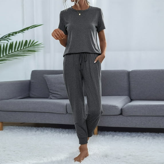 Frostluinai Sweatsuit Set for Women Workout Solid Color Running Sets 2 Piece Short Sleeve Shirts Drawstring Jogger Sweatpants with Pocket