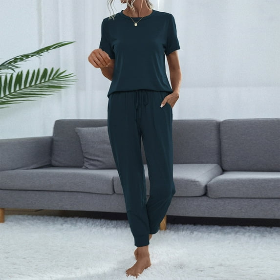 Frostluinai Sweatsuit Set for Women Workout Solid Color Running Sets 2 Piece Short Sleeve Shirts Drawstring Jogger Sweatpants with Pocket