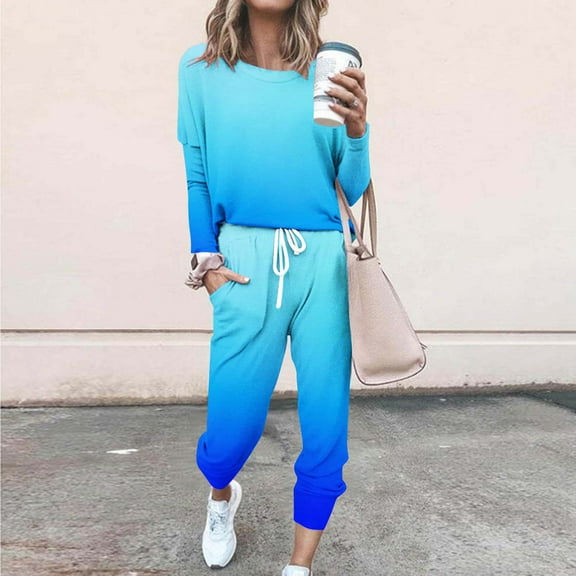 Frostluinai Sweatsuits Women 2 Piece Outfit Long Sleeve Loose Tops Elastic Waist Drawstring Sweatpants Plus Size Gradient Track Suits with Pocket