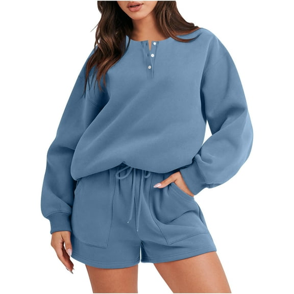 Frostluinai Sweatsuits Women 2 Piece Outfit Shorts Button Up Henley Sweatshirt Elastic Waist Sweat Shorts Sets Solid Loose Tracksuit with Pocket