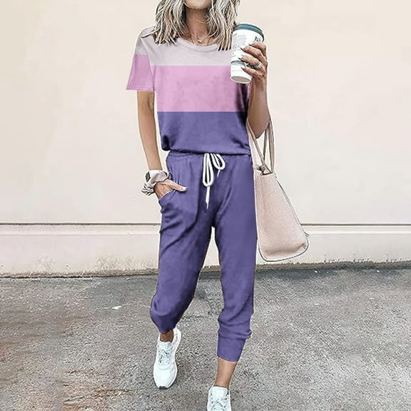 Frostluinai Sweatsuits Women 2 Piece Outfit Vintage Color Block Tops Elastic Waist Drawstring Jogger Pants Casual Athletic Sets with Pocket