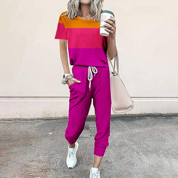 Frostluinai Sweatsuits Women 2 Piece Outfit Vintage Color Block Tops Elastic Waist Drawstring Jogger Pants Casual Athletic Sets with Pocket