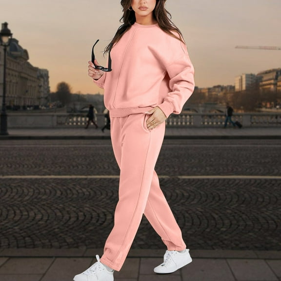 Frostluinai Sweatsuits for Women Workout Long Sleeve Crew Neck Sweatshirts Pants Solid Track Suits 2 Piece Casual Loose Sweat Suits Sets
