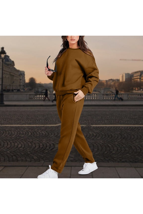 Sweatsuits for Women Workout Long Sleeve Crew Neck Sweatshirts Pants Solid Track Suits 2 Piece Casual Loose Sweat Suits Sets