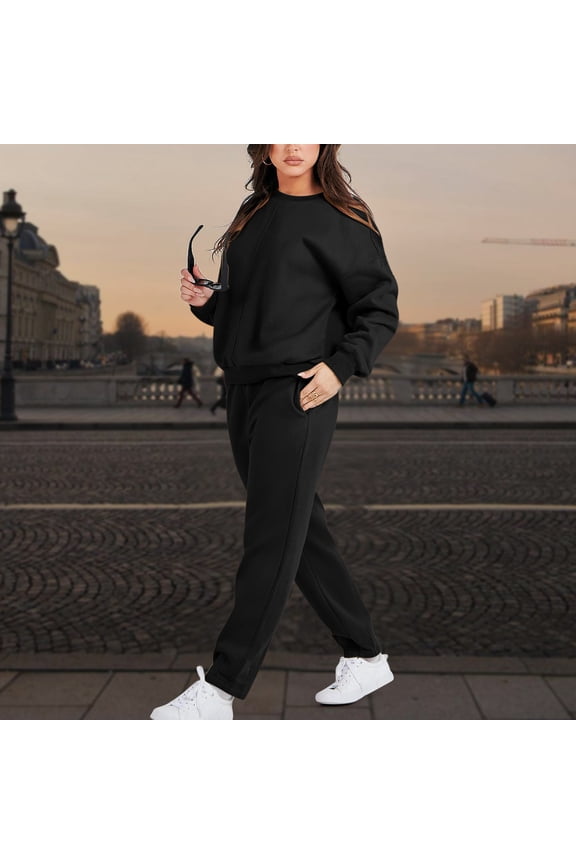 Sweatsuits for Women Workout Long Sleeve Crew Neck Sweatshirts Pants Solid Track Suits 2 Piece Casual Loose Sweat Suits Sets