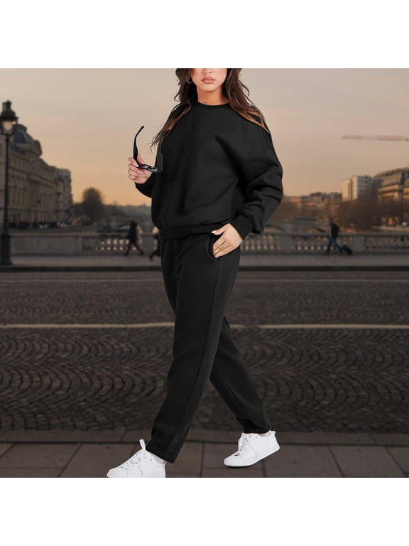 Sweatsuits for Women Workout Long Sleeve Crew Neck Sweatshirts Pants Solid Track Suits 2 Piece Casual Loose Sweat Suits Sets