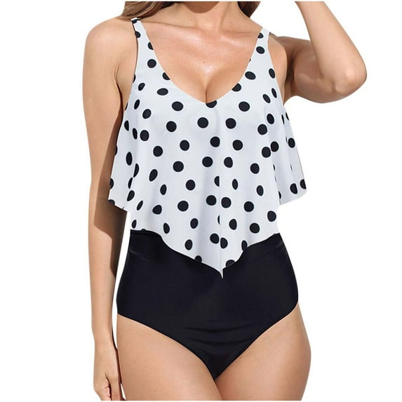 Frostluinai Swimsuit Bathing Suit For Women Plus Size Swimsuit For Women High Waist Flounce Ruffle Top Bikini Swimsuits Tummy Control Bottoms Two-Piece Bathing Suits Flounce Peplum With Chest Pad