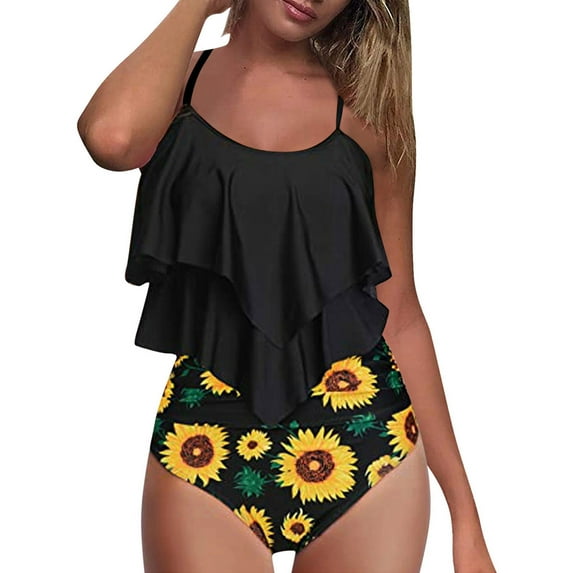 Frostluinai Swimsuit Women Bathing Suit For Women Plus Size Swimsuit For Women Women'S High Waist Flounce Ruffle Top Bikini Swimsuits Tummy Control Bottoms Two-Piece Bathing Suits Flounce Peplum
