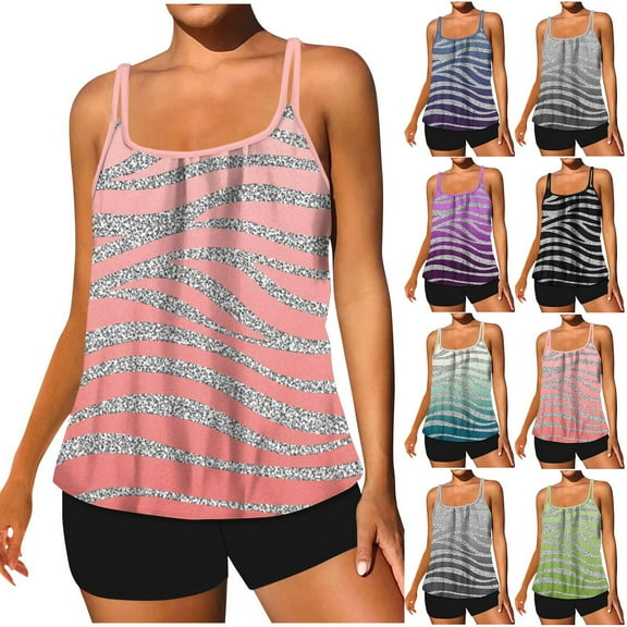 Frostluinai Tankini Swimsuits for Women Striped Bathing Suits Two Piece Color Block Adjustable Strap Boyshorts Beach Swimwear Gifts