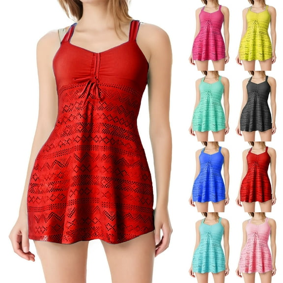 Frostluinai Tankini Swimsuits for Women Tummy Control Tie Front Swim Dress with Boyshorts Plus Size Crochet Bathing Suits Solid Beachwear