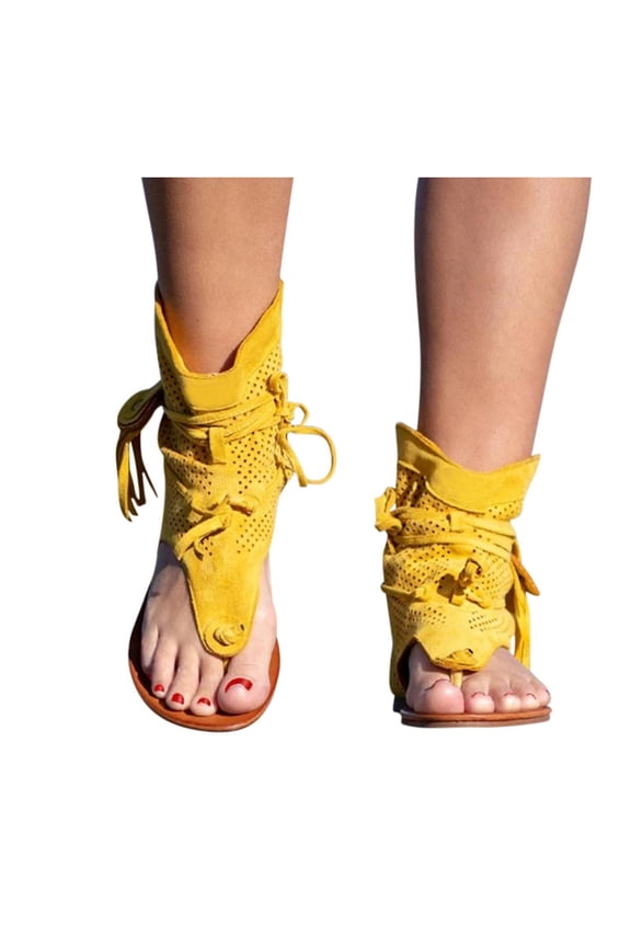 Tassel Sandals Women,Retro Bohemian Gladiator Fringe Casual Sandals Flat Clip Toe Ankle Boots Beach Shoes T-Strap Roman Open-Toe Sandals