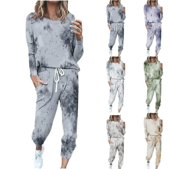 Frostluinai Tie Dye Print Sets for Women Two Piece Long Sleeve Crewneck Shirts Casual Sweatpants Plus Size Loose Fit Tracksuits with Pocket